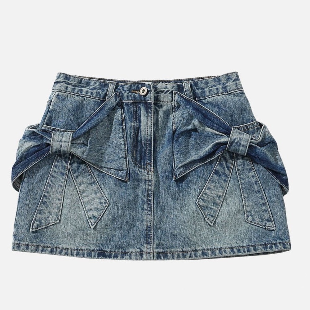 Aelfric Eden Blue Denim Mini Skirt with Bows and Built in shorts (Skort)
